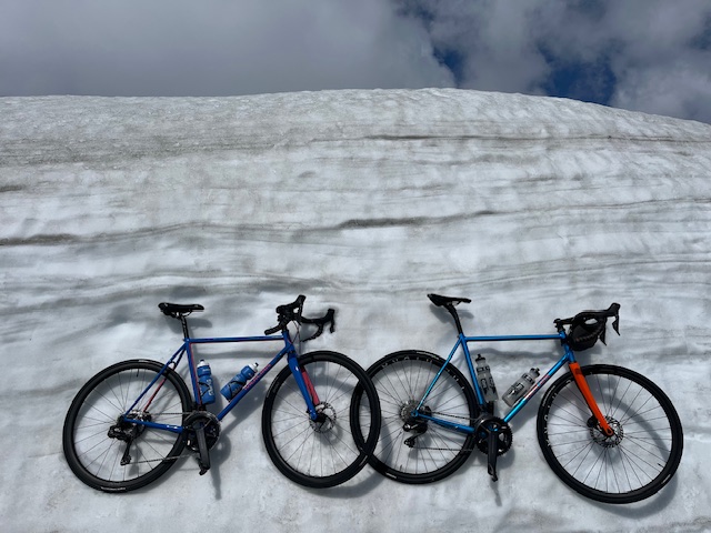Mercian Pro Lugless and Mercian Ventura bikes in front of a Norwegian Snow Bank