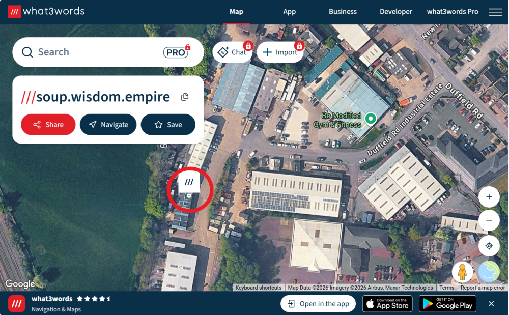 What3words aerial view of Mercian Cycles Little Eaton workshop location